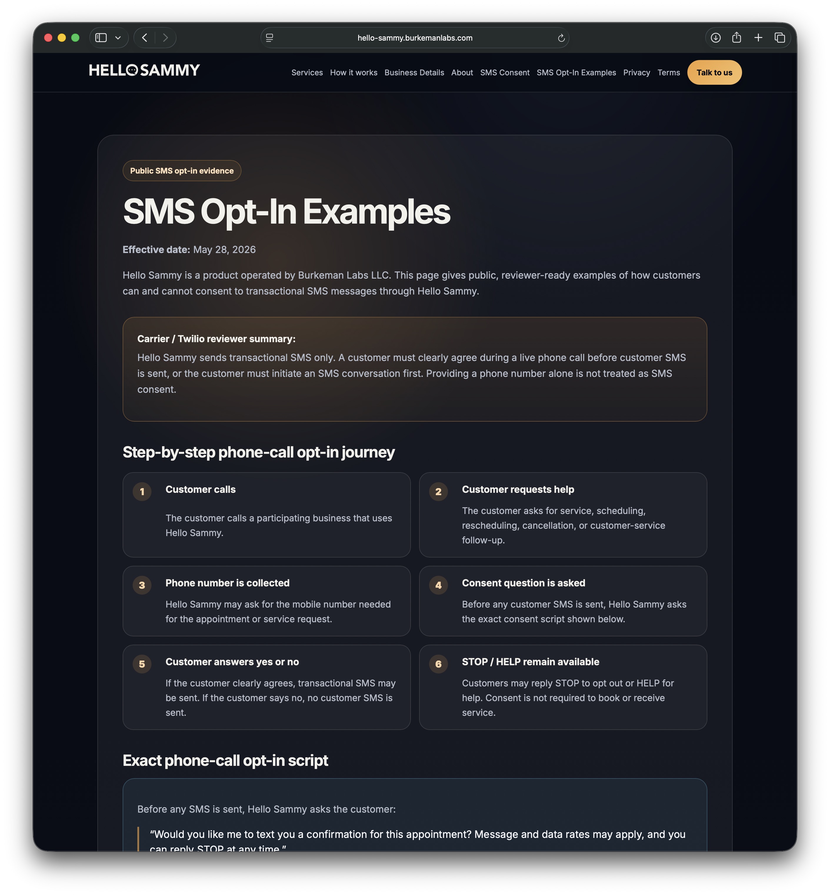 Screenshot of the Hello Sammy SMS Opt-In Examples page showing public SMS opt-in evidence and the step-by-step phone-call opt-in journey.