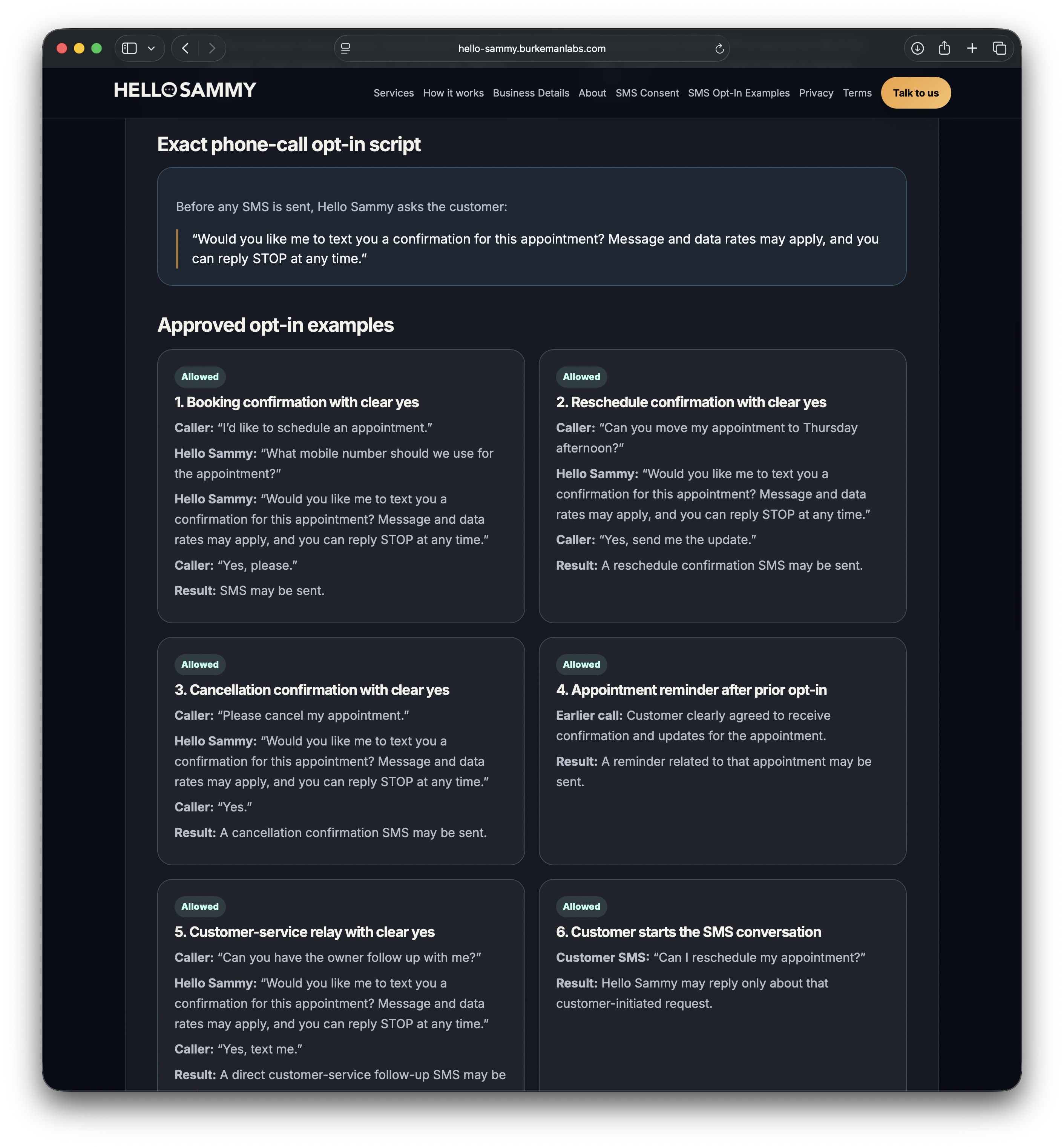 Screenshot of the Hello Sammy SMS Opt-In Examples page showing the exact phone-call opt-in script and approved opt-in examples.